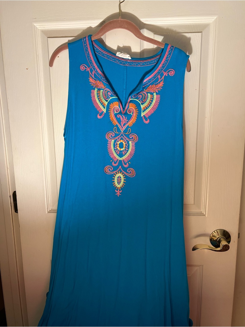 Blue Embroidered V-Neck Midi Dress